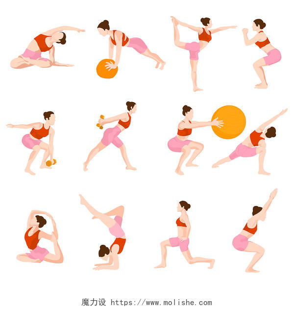 运动健身瑜伽普拉提健康力量训练png人物扁平运动健身套图